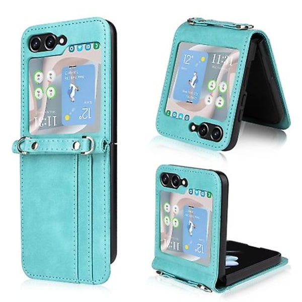 För Samsung Galaxy Z Flip5 Crossbody Card Slot Läder Mobiltelefonfodral Mint Green