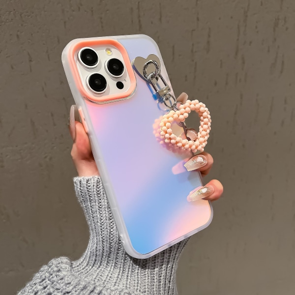 Til iPhone 12/ 12 Pro Etui Mat Laser Effekt PC+TPU Telefon Cover med Perler Hjerte Vedhæng Pink