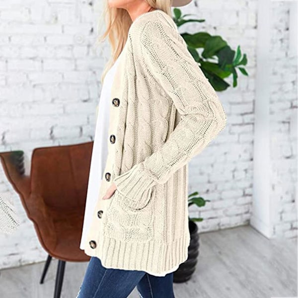 Dam Cardigan med Öppen Framkant och Fickor i Midilängd, Enfärgad White S