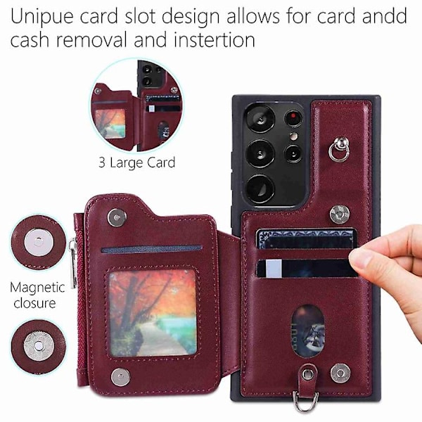 Til Samsung Galaxy S23 Ultra 5g lynlås kortspor Rfid mobiltelefon etui Wine Red