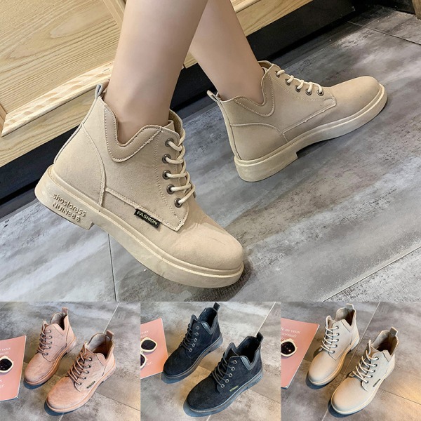 Ladies Suede Ankle Boots Sneakers Fashion Casual Shoelace Lace Beige,36