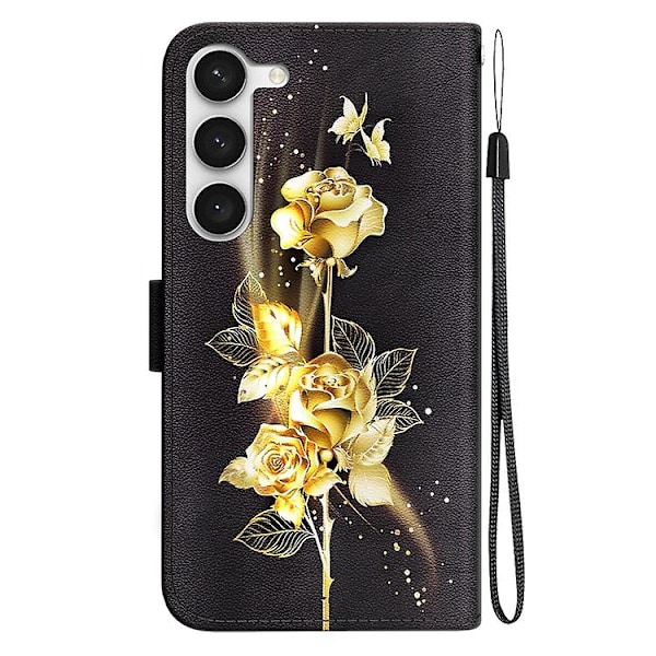 Kristallstruktur Färgad Ritning Läder Mobiltelefonfodral för Samsung Galaxy S23 5g Gold Butterfly Rose