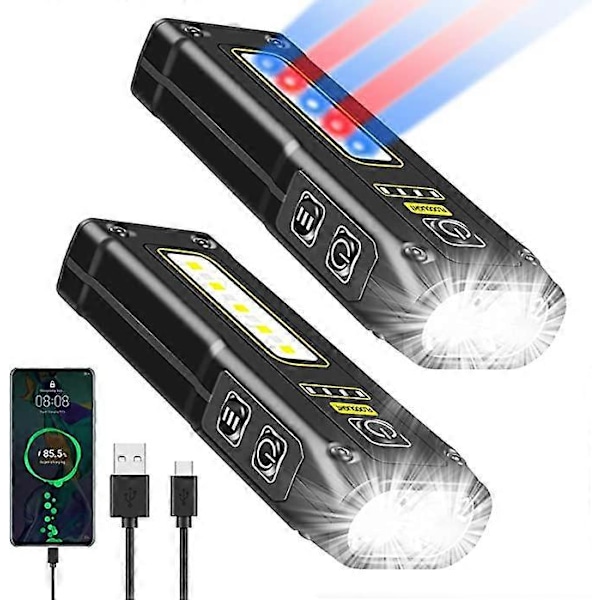 2 stk Mini Lommelykt LED Oppladbar USB Multifunksjonell Nødlykt