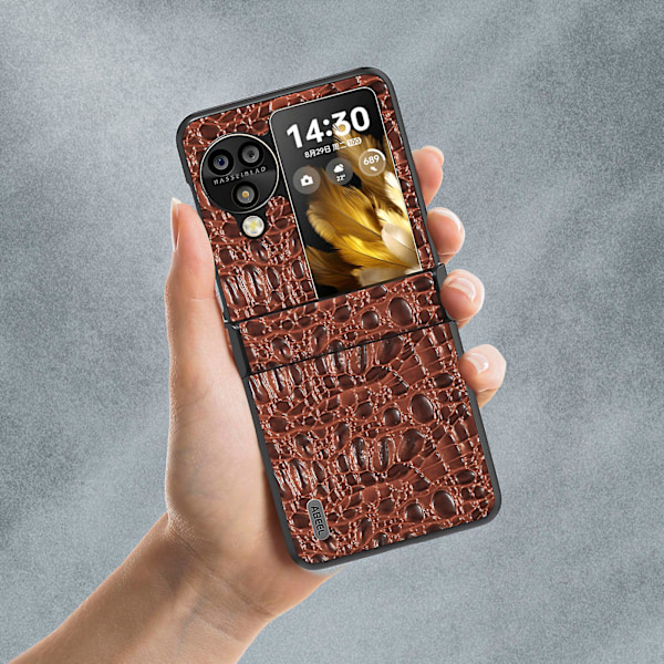 Abeel Etui til Oppo Find N3 Flip 5g, ægte ko læderbelagt pc-cover med hængselbeskyttelse Coffee