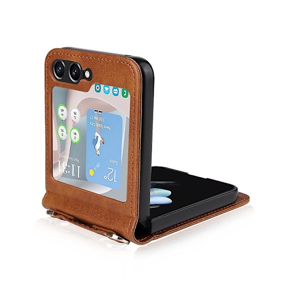 For Samsung Galaxy Z Flip5 Crossbody Card Slot Læder Mobiltelefon Etui Brown