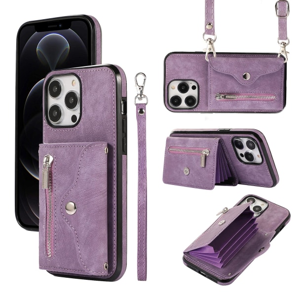 For Iphone 12 / 12 Pro 6.1 Tommers PU Lær + TPU Telefondeksel Stativdeksel Med RFID Blokkeringskortpose Purple