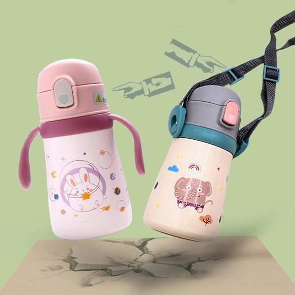 1 sarja 360ML termosmuki kahvalla hihnalla eläinpainatus eristetty vauva lapsi pomppiva olkimuki f Pink