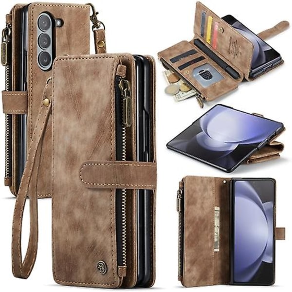 For Samsung Galaxy Z Fold5 Caseme C30 Multifunktionell Kortplatser Dragkedja Telefon Läder Mobiltelefonfodral Brown