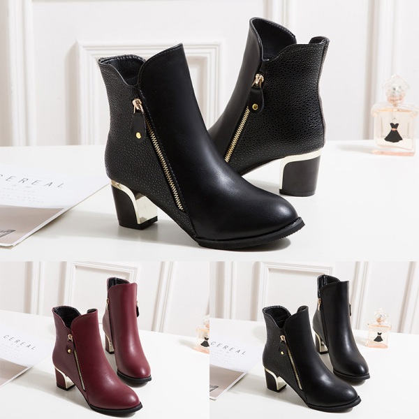 Women's Ankle Boots High Heels Casual Shoes Pointed Toe Zipper Black,37