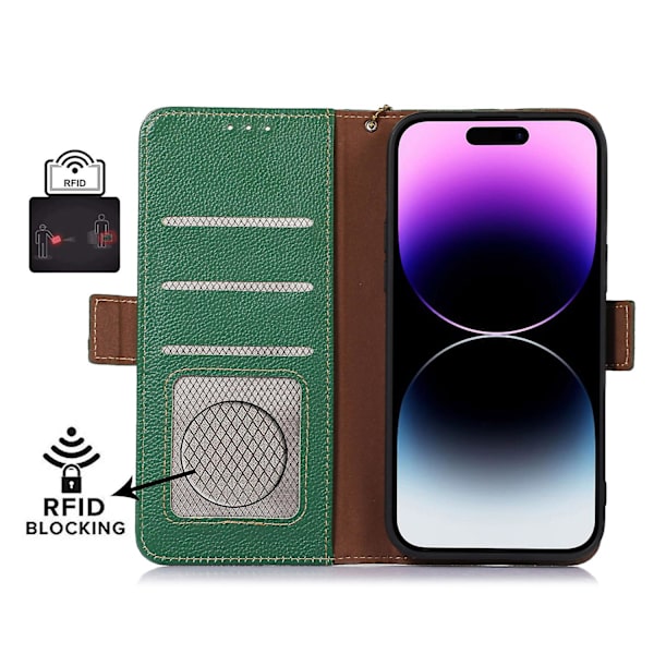 Plånboksfodral i läder med RFID-blockering och stativfunktion till iPhone 15 Green