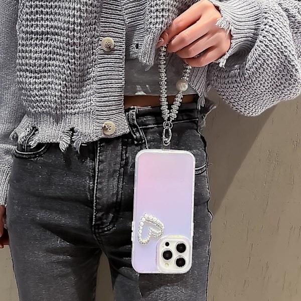 iPhone 13 Pro -mattakuori, laser-efekti, PC+TPU, helmiä, sydänpuhelin, suojakotelo käsihihnalla Transparent