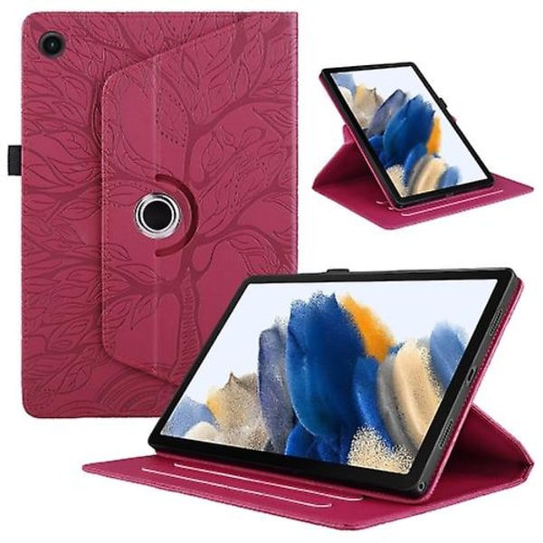 För Samsung Galaxy Tab A8 10.5 Trä Liv Präglad Rotation Läder Smart Tablet Case Red