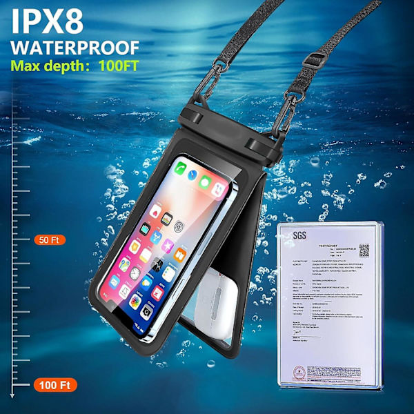 Dobbel vanntett telefonpose - 2-pakning, vanntett telefonreimveske med iPhone 15/14/13/12 Pro Max/Pro/8 Plus, Galaxy S22/S21/S20/S10/Note 20 9.5 inches
