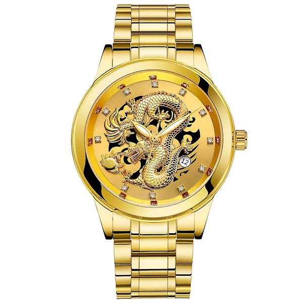 Mäns Guld Drake Skulptur Kvarts Klocka Lyx Män Stål Armbandsur