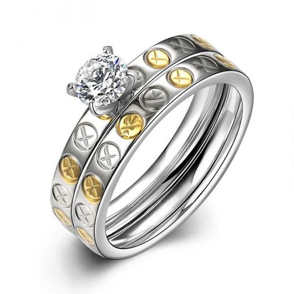 Rostfritt stål ring Förlovningring 2 st / set CZ 16