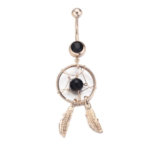 Gylden Drømmfänger Fjer Rhinestone Navle Piercing SVART