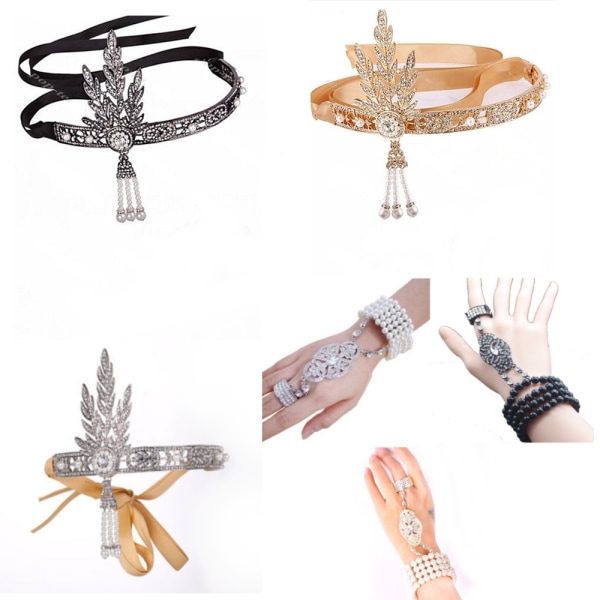 Suuri Gatsby 1920-luvun Vintage hiuspanta tiara + rannekoru silver