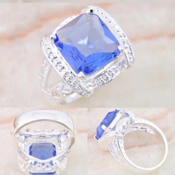 SILVER filled blå topas ädelsten ring 17