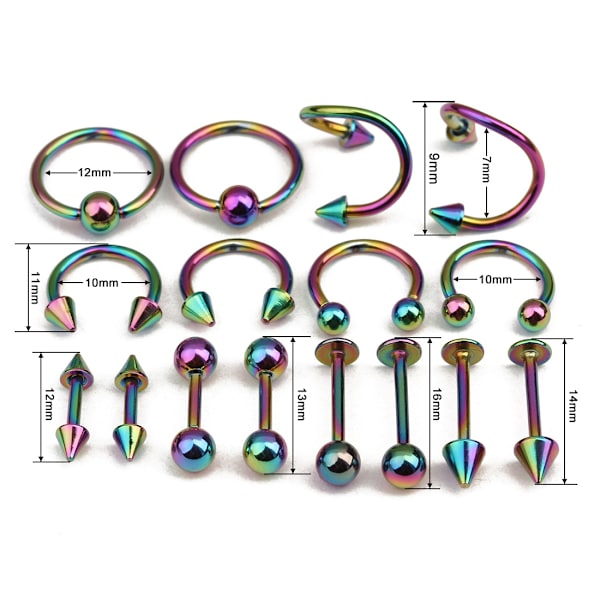 Labret Lip Tongue Eyebrow Ringe Tragus Øre Barbell 16 stk/pose SVART