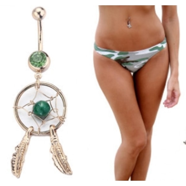 Gylden Drømmfänger Fjer Rhinestone Navle Piercing GRÖN