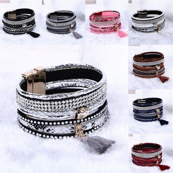 Rhinestone Læder Wrap Armbånd Magnetisk Armbånd blå