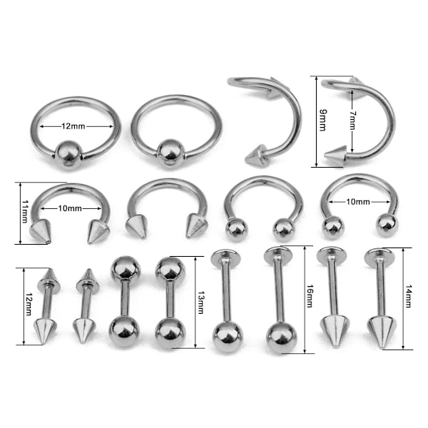 Labret-huulet, kieli, kulmarenkaat, tragus-korvakorut, barbellit 16 kpl/pussi GULD