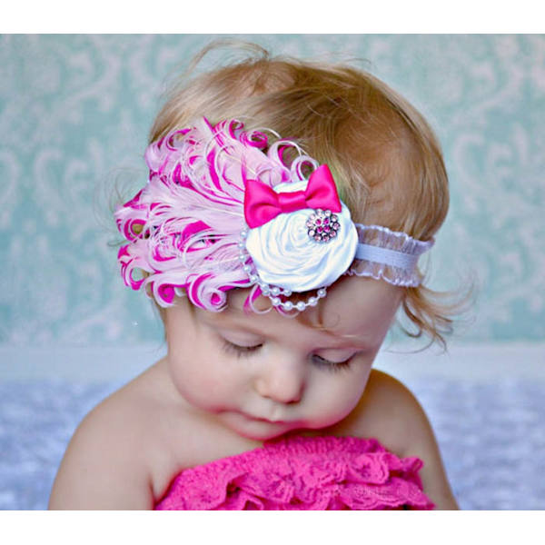 Baby hårband Princess flicka blommor fjäder ROSA