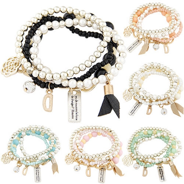 Armband 4 ST Retro bokstavs D Flerskikts blomma BLÅ