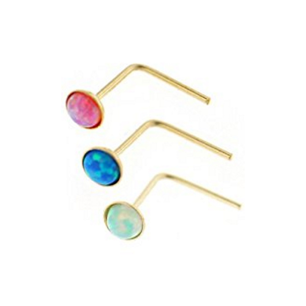 Opal sten 2mm 9K gul Guld L-formad näsa Stud Fushia