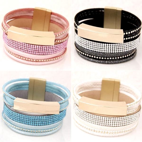 Strass Läderarmband Armband Magnetisk BLÅ