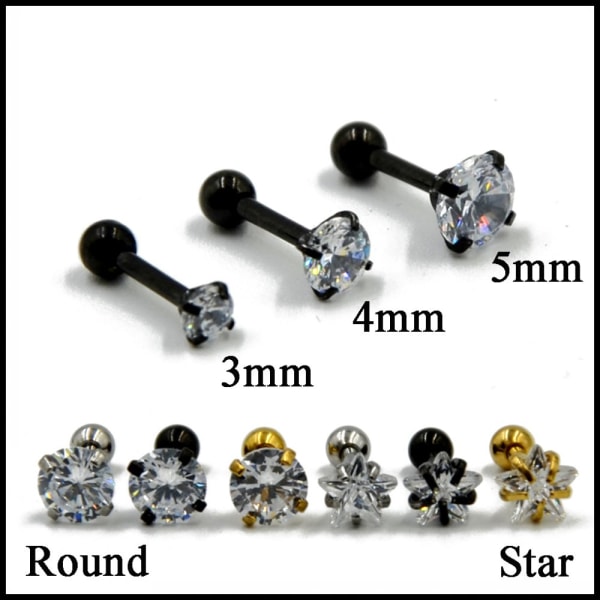Helix Tragus -korvakoru 1 kpl Pyöreä & Tähti Zirkonilla stjärna SVART 5MM