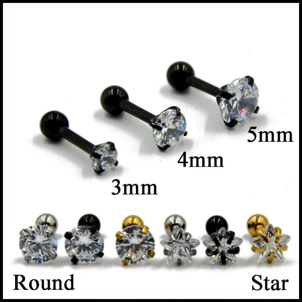 Helix Tragus Piercing 1 kpl pyöreä ja tähti zirkoni stjärna GULD 3MM
