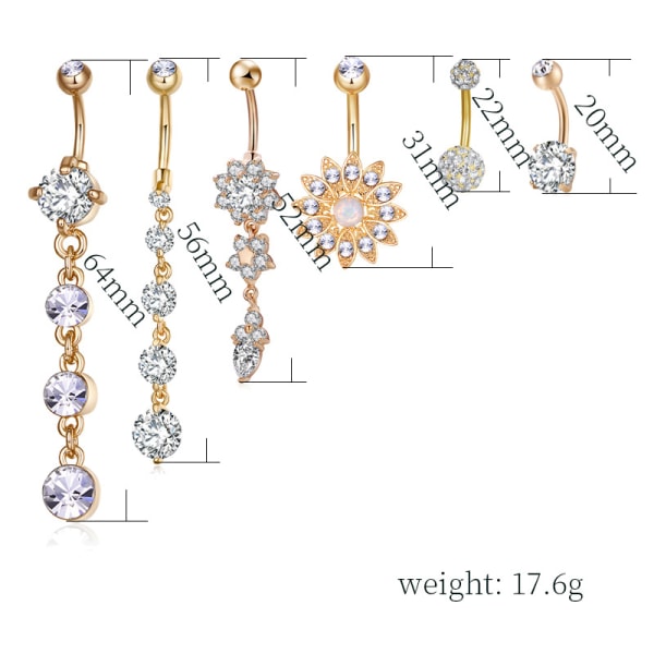 Navelpiercing 6 st/set guld