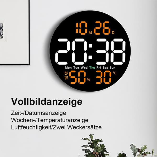 Digital LED-väggklocka med fjärrkontroll, temperatur, datum, luftfuktighet och stor display