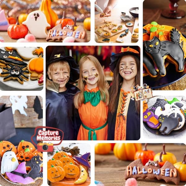 Halloween Kakepyntsett med 5 Kakepynt i Rustfritt Stål med Komfortabelt Grep for Baking - Gresskar, Flaggermus, Spøkelse, Katt, Trollmannhatt