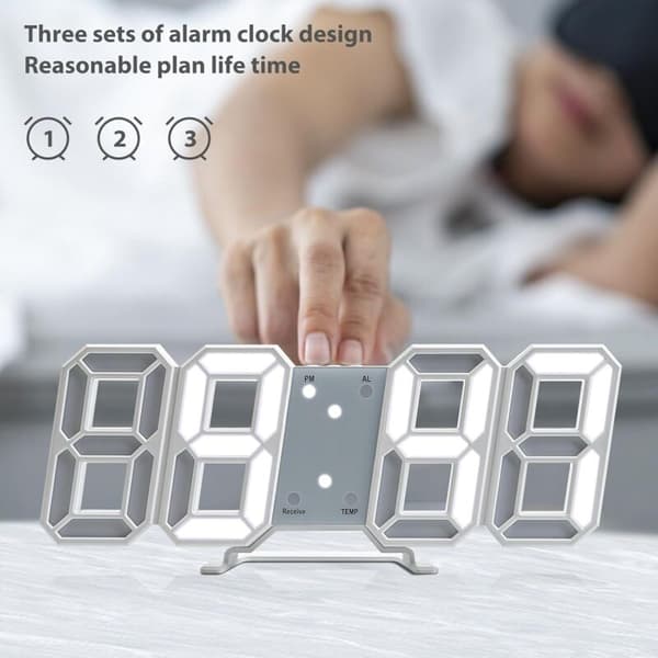 3D LED digital vægur med alarm, snooze, justerbart lys, 12/24 timer, dato & temperatur
