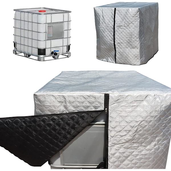 Suojus 1000 litran IBC-säiliölle, pakkasenkestävä, UV-suojattu säiliön suojus, IBC-säiliön suojus vetoketjulla, 120 x 100 x 116 cm (hopea)