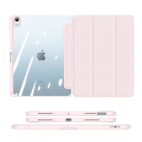 For iPad Air 4 10.9 2020 Case, Folio Tri-Fold Stand Smart Case with Detachable Slim Hard Shell Transparent Back - Pink