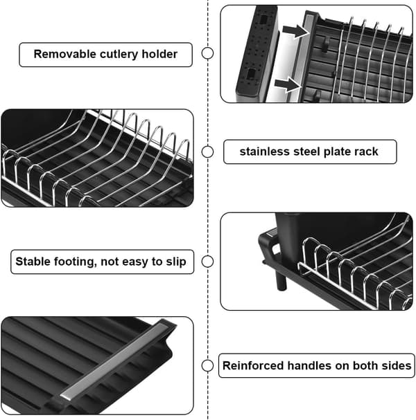 Stainless Steel Dish Drying Rack with Extendable Drainboard, Single Tier with Removable Cutlery Holder (Black)