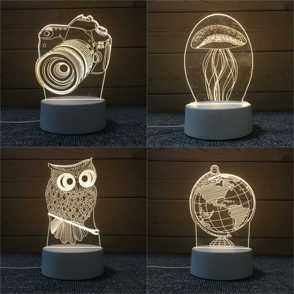 3D Natlampe Akryl Skrivebordslampe USB Trefarvet Touch-lys