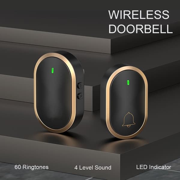 Trådlös dörrklocka 300 m räckvidd IP44 60 melodier LED-indikator Svart Guld