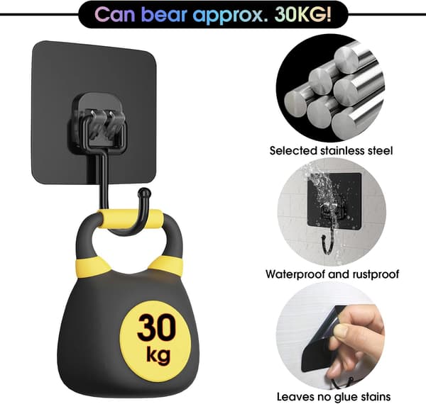 12-pak selvklæbende kroge, sorte, vandtætte, stærke, rustfrit stål & PVC, maks. 30 kg