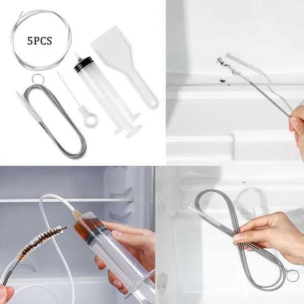 5-piece refrigerator drain cleaning set with syringe, hose, brush, and scraper for refrigerators, freezers, and wine coolers