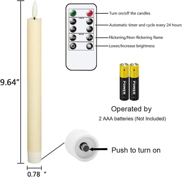 Flameless White Taper Candles Flickering with 10-Key Remote Control,