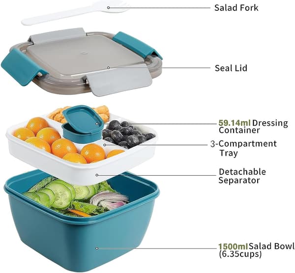 1.5 L Salad Container Lunch Box, BPA-Free, 3 Compartments, with Dressing Container, Built-in Reusable Spoon (Dark Blue)