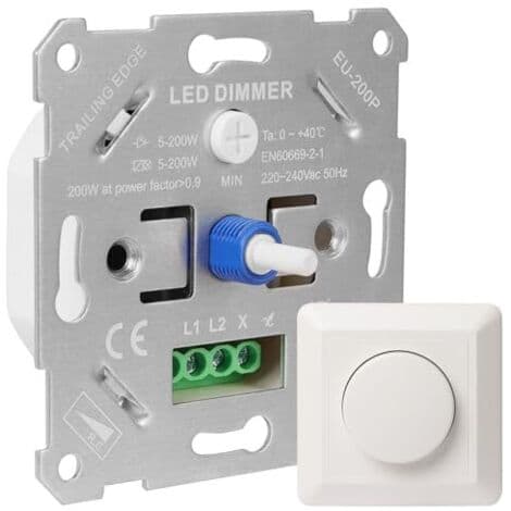 230V LED Dimmer Switch, Compatible with 5-250W LED/Halogen Lamps, Flush-mounted, with White Cover Plate and Without Brackets.