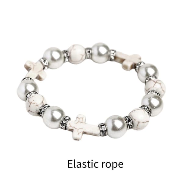Cross Beaded Stretch Bracelet Religious Christian Thread Bracelet Natural Stone