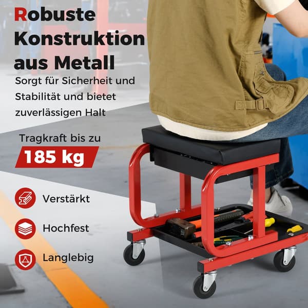 Værkstedsskammel med hjul, 185 kg kapacitet, sort