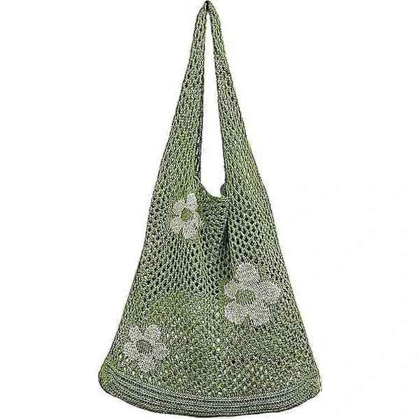 Virka handväskor för kvinnor, sommarstrandvävda väskor Boho stickade axelväskor Blommor Shopping Resa Fritidsväskor för festivaler