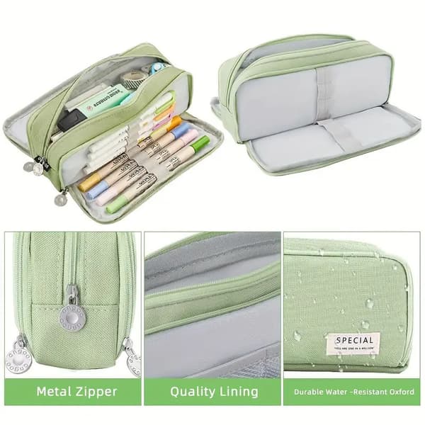 Double-layer pencil case with double opening, canvas, desk organizer - Green